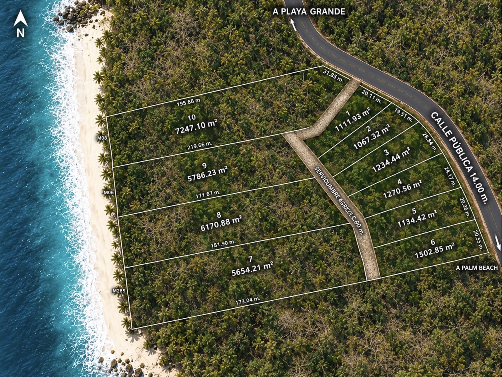 Site plan: aerial view of the land between the beach and Calle Pública, showing lots 1 to 10 with their areas, the internal road on the agricultural easement, and the beach lots 7 to 10